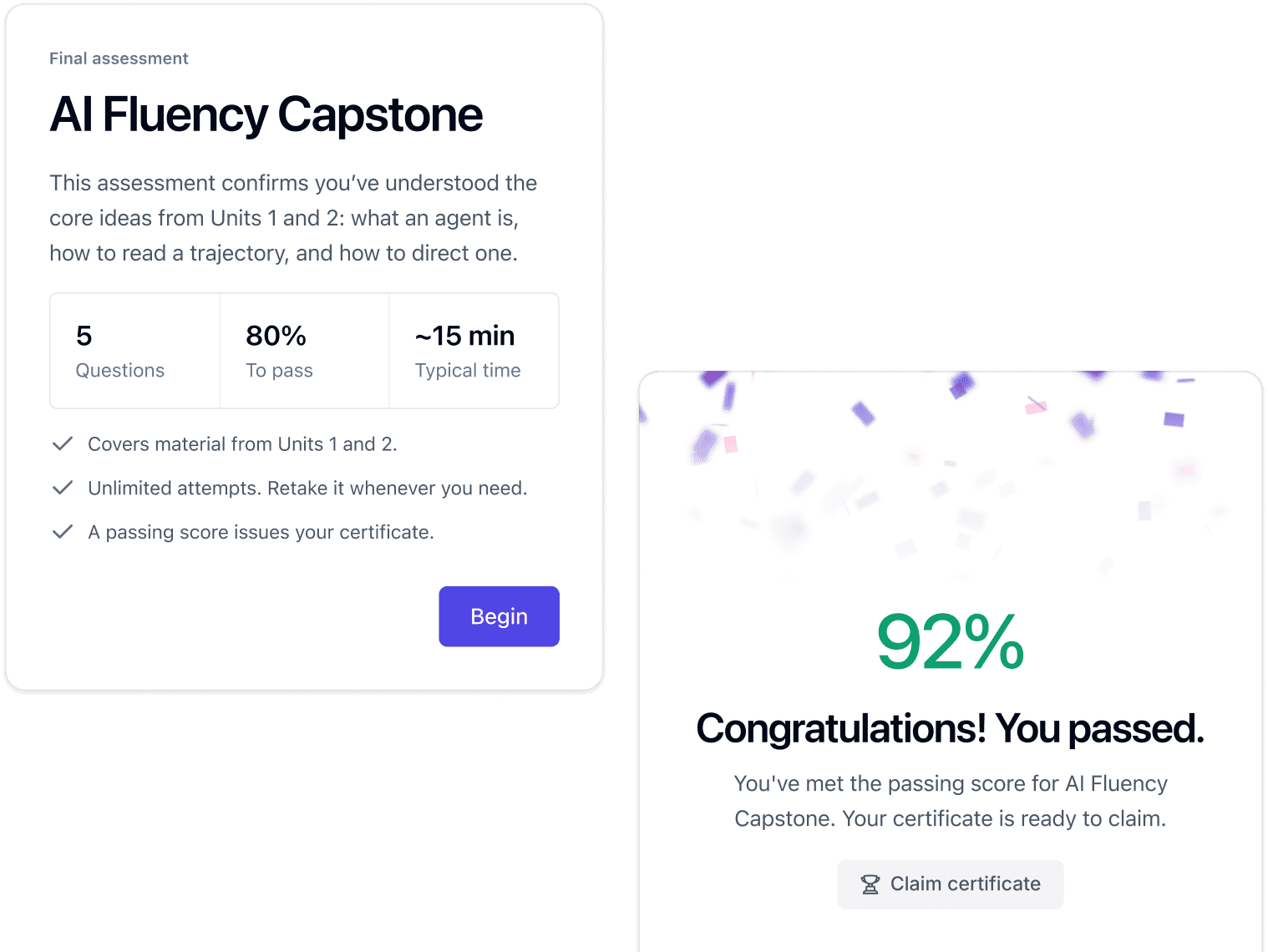 The AI Agent Fluency final assessment overview beside a passing result of ninety-two percent
