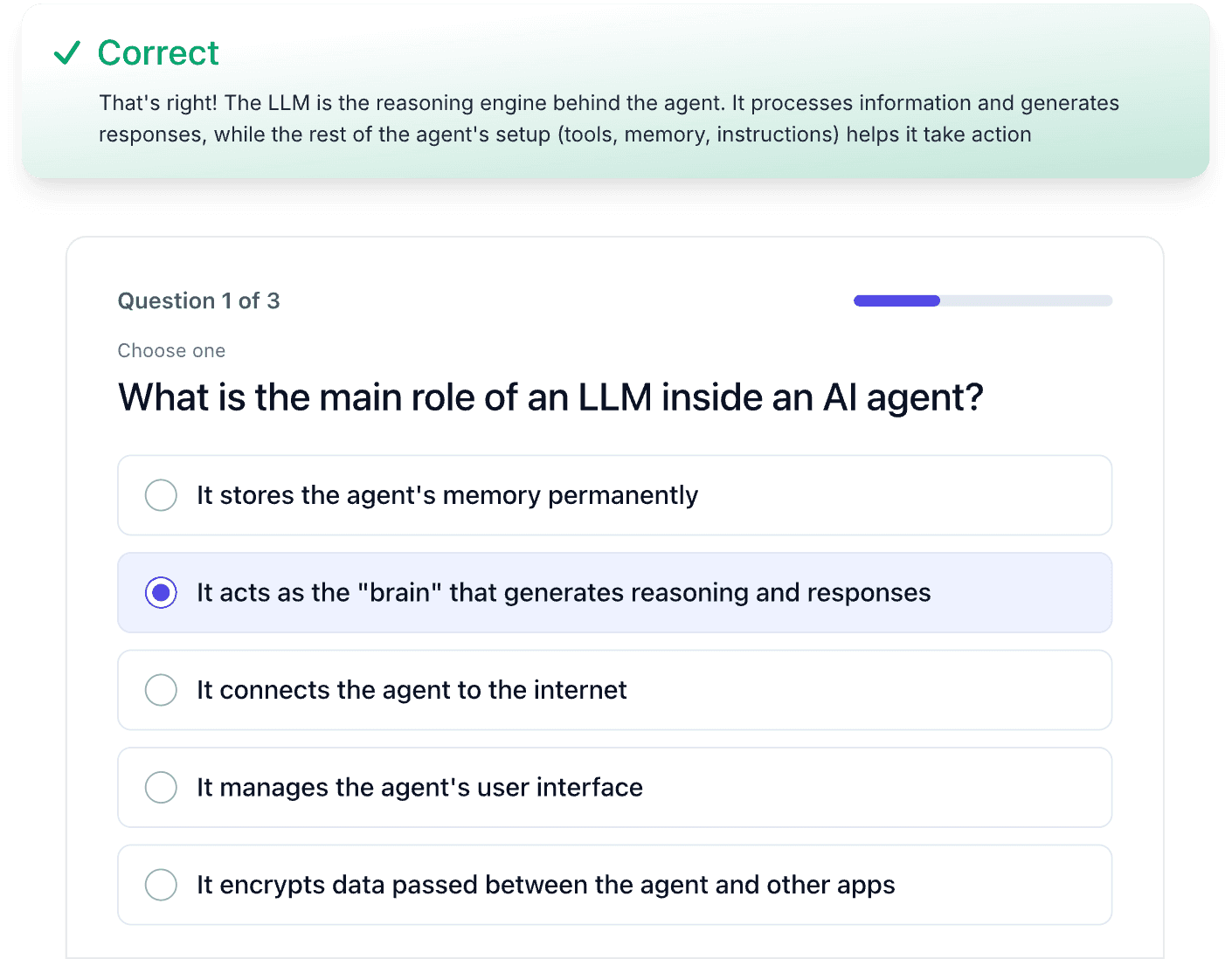 A knowledge check question about the role of an LLM inside an AI agent, with a correct-answer confirmation above it
