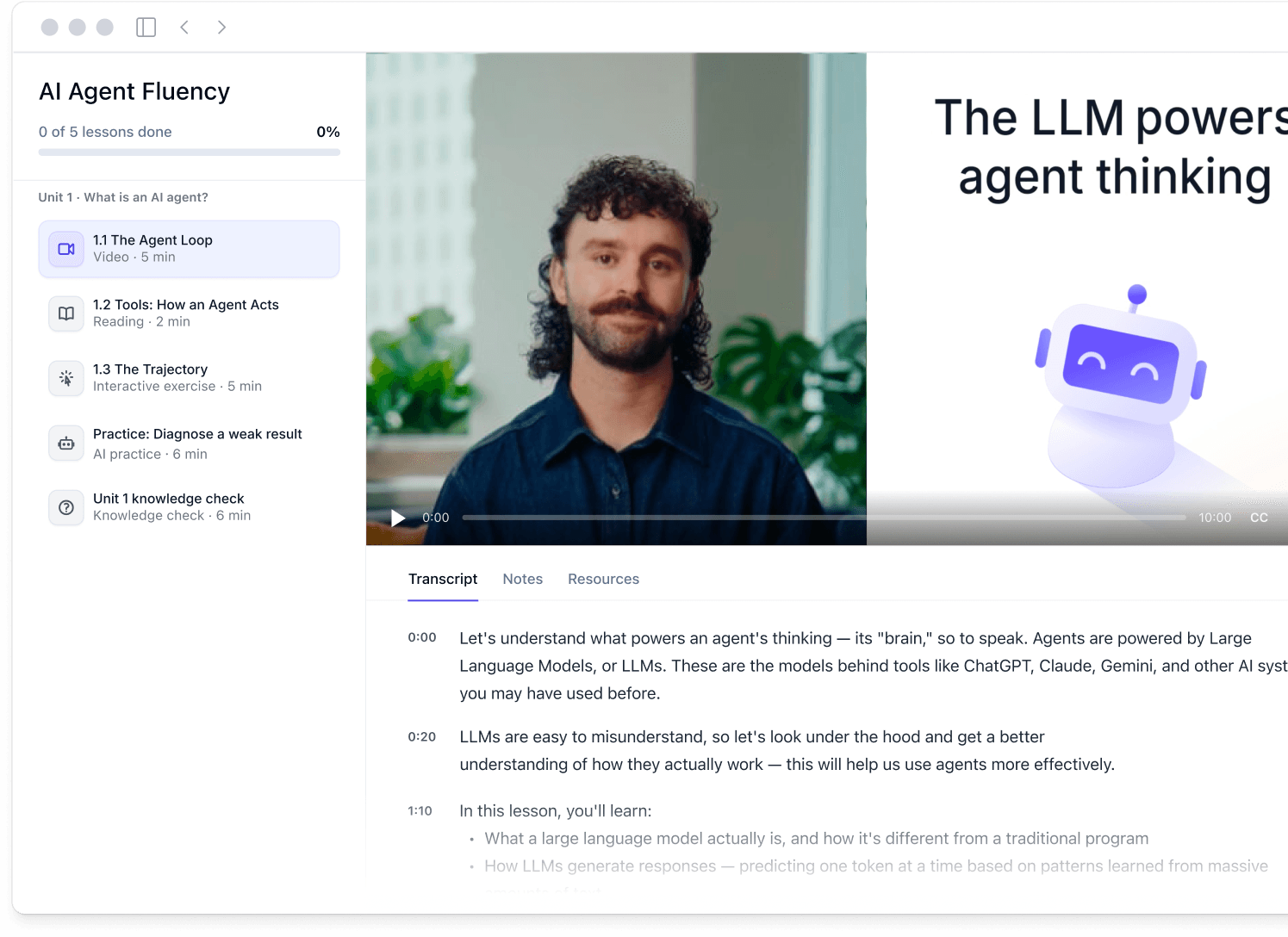 A Mercor Academy lesson player showing the AI Agent Fluency unit outline, a video lesson, and its transcript
