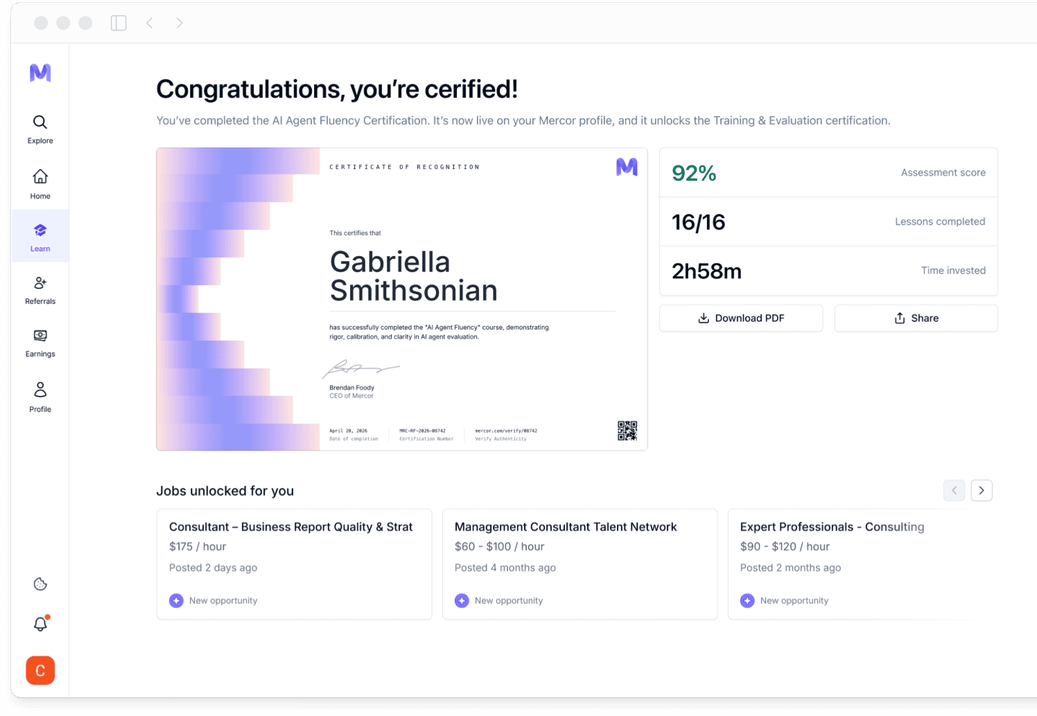 A completed Mercor Academy certificate on a Mercor profile, with the jobs it unlocked listed below it